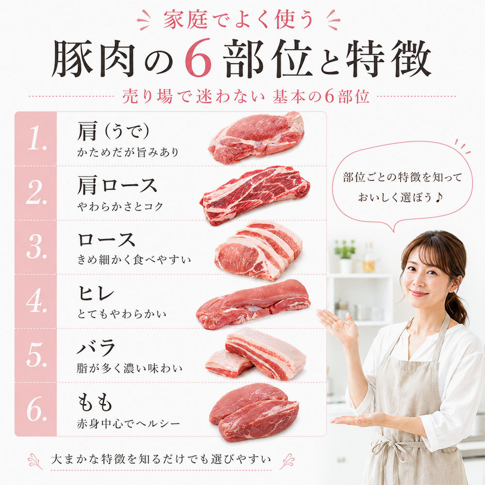 家庭でよく使う豚肉の6部位と特徴