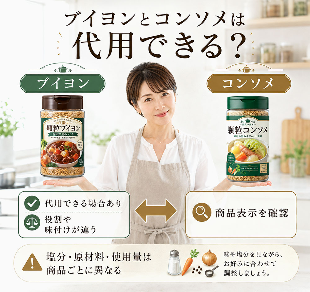 ブイヨンとコンソメは代用できる?