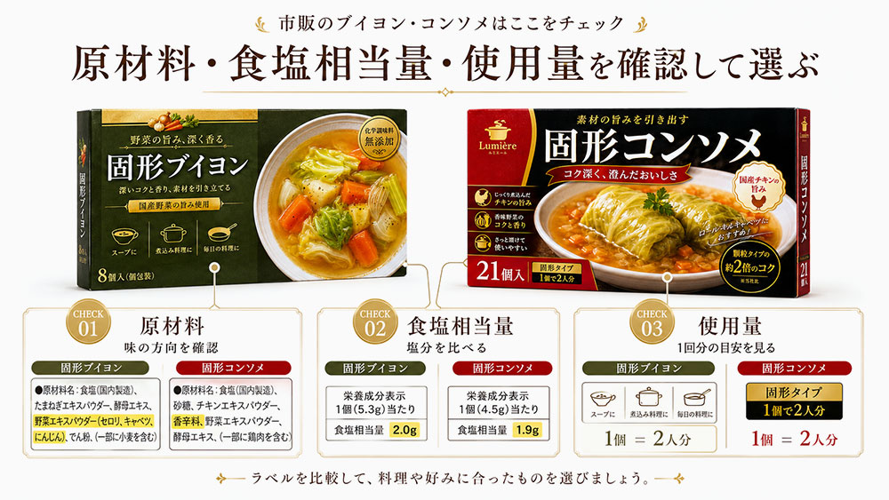 原材料・食塩相当量・使用量を確認して選ぶ
