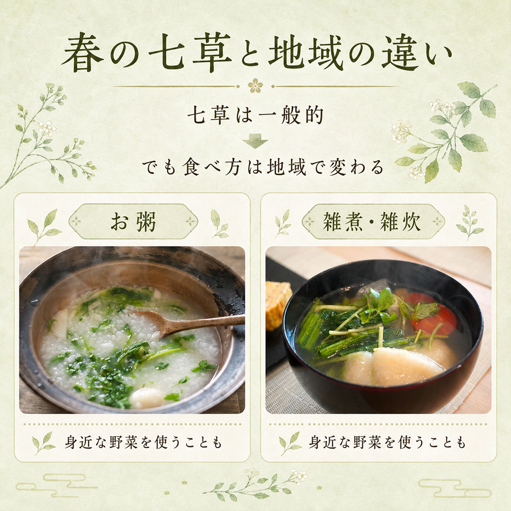 地域によって春の七草や七草粥に違いがある