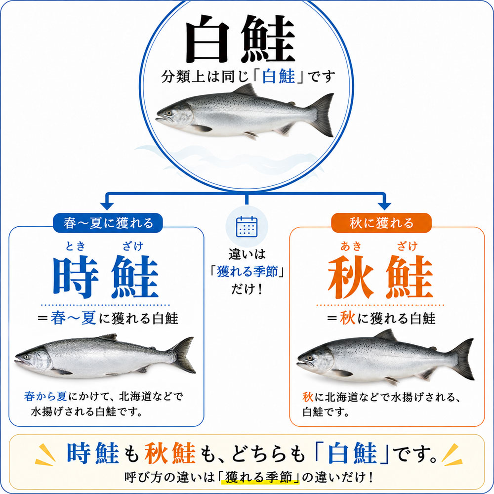 秋鮭と時鮭は別の魚ではなく、どちらもシロザケです。