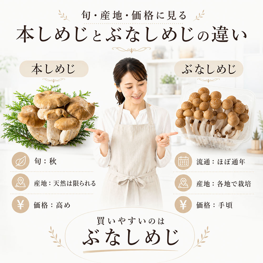 旬・産地・価格に見るしめじ（本しめじ）とぶなしめじの違い