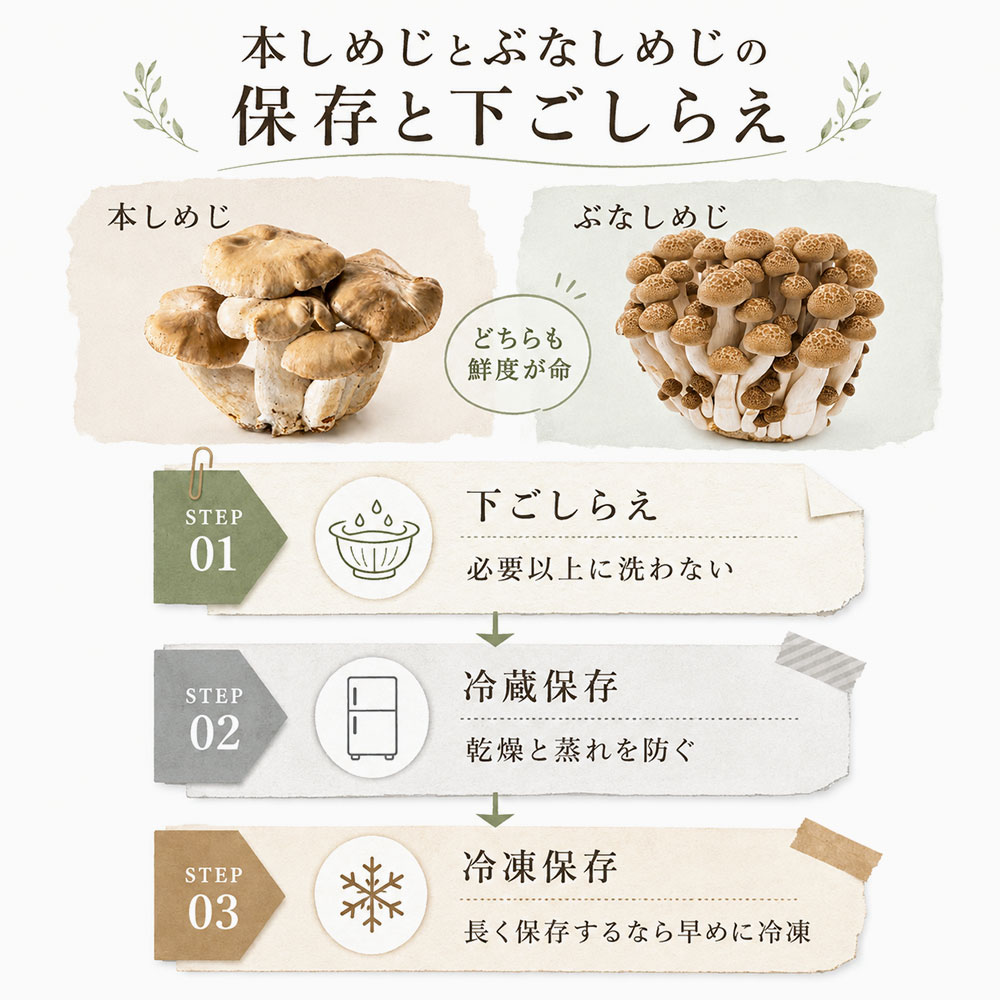 本しめじとぶなしめじの保存と下ごしらえ