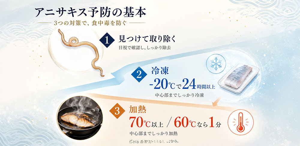 アニサキス食中毒を防ぐ方法として、目視による幼虫の除去に加えて、必要に応じて-20℃で24時間以上の冷凍、70℃以上または60℃なら1分の加熱