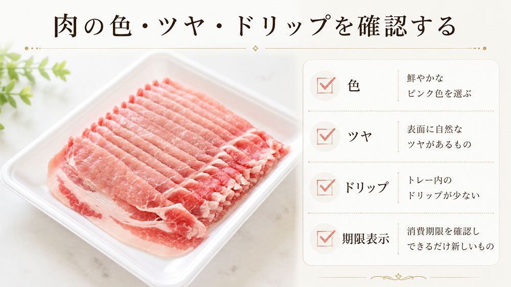肉の色・ツヤ・ドリップを確認する
