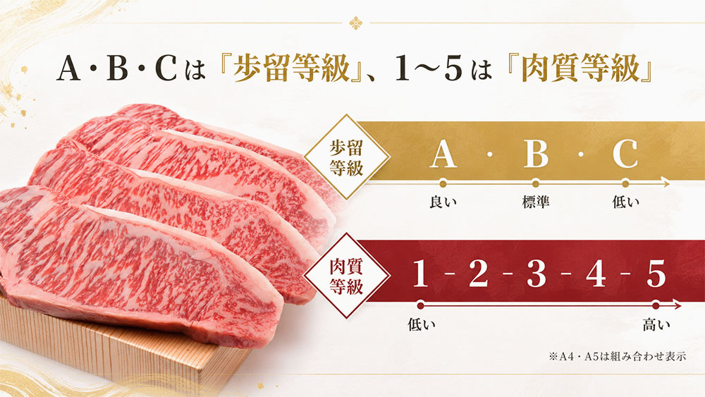 A・B・Cは「歩留等級」、1〜5は「肉質等級」