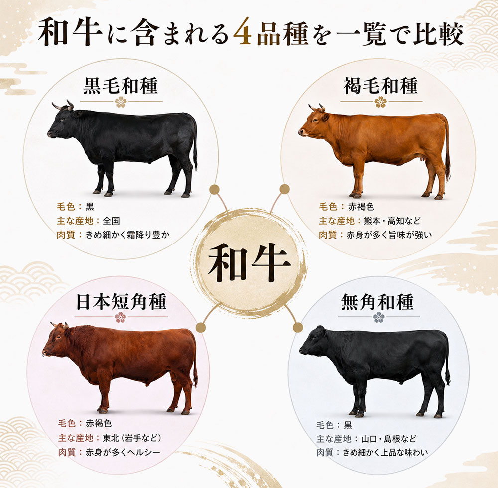 和牛に含まれる4品種を一覧で比較