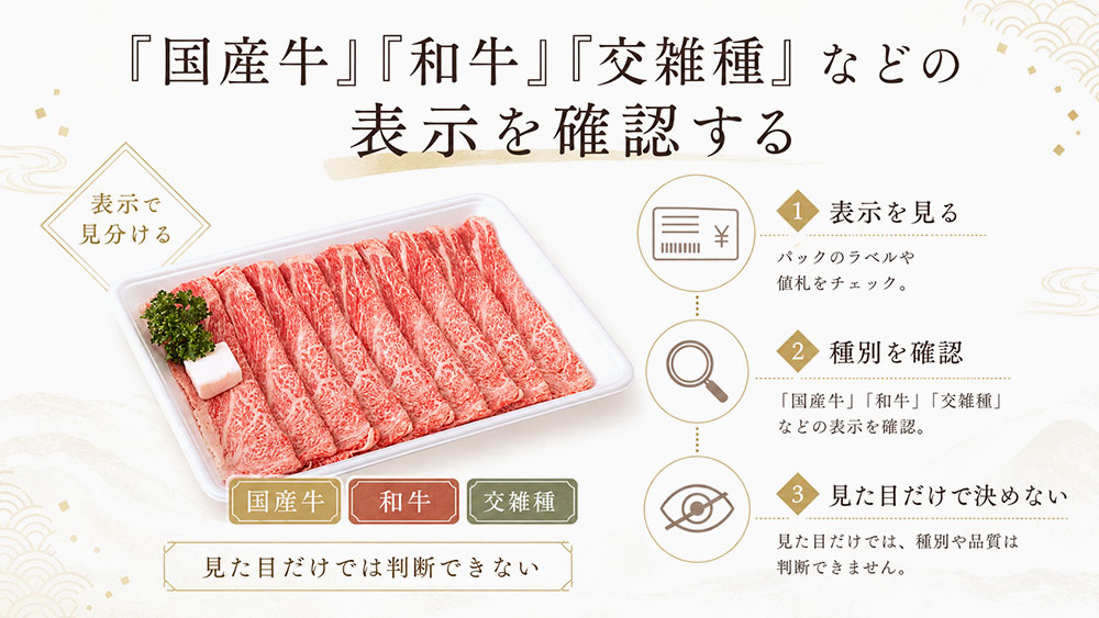 「国産牛」「和牛」「交雑種」などの表示を確認する