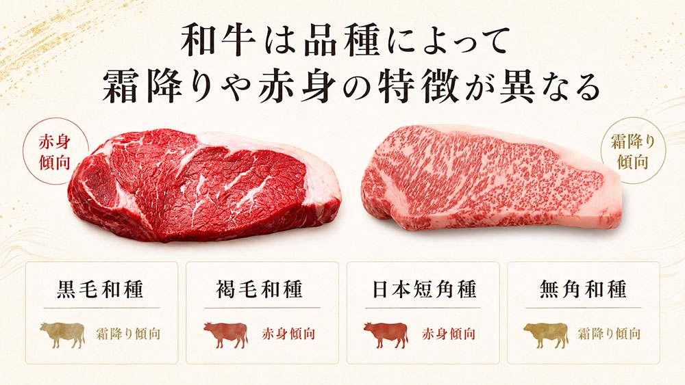 和牛は品種によって霜降りや赤身の特徴が異なる