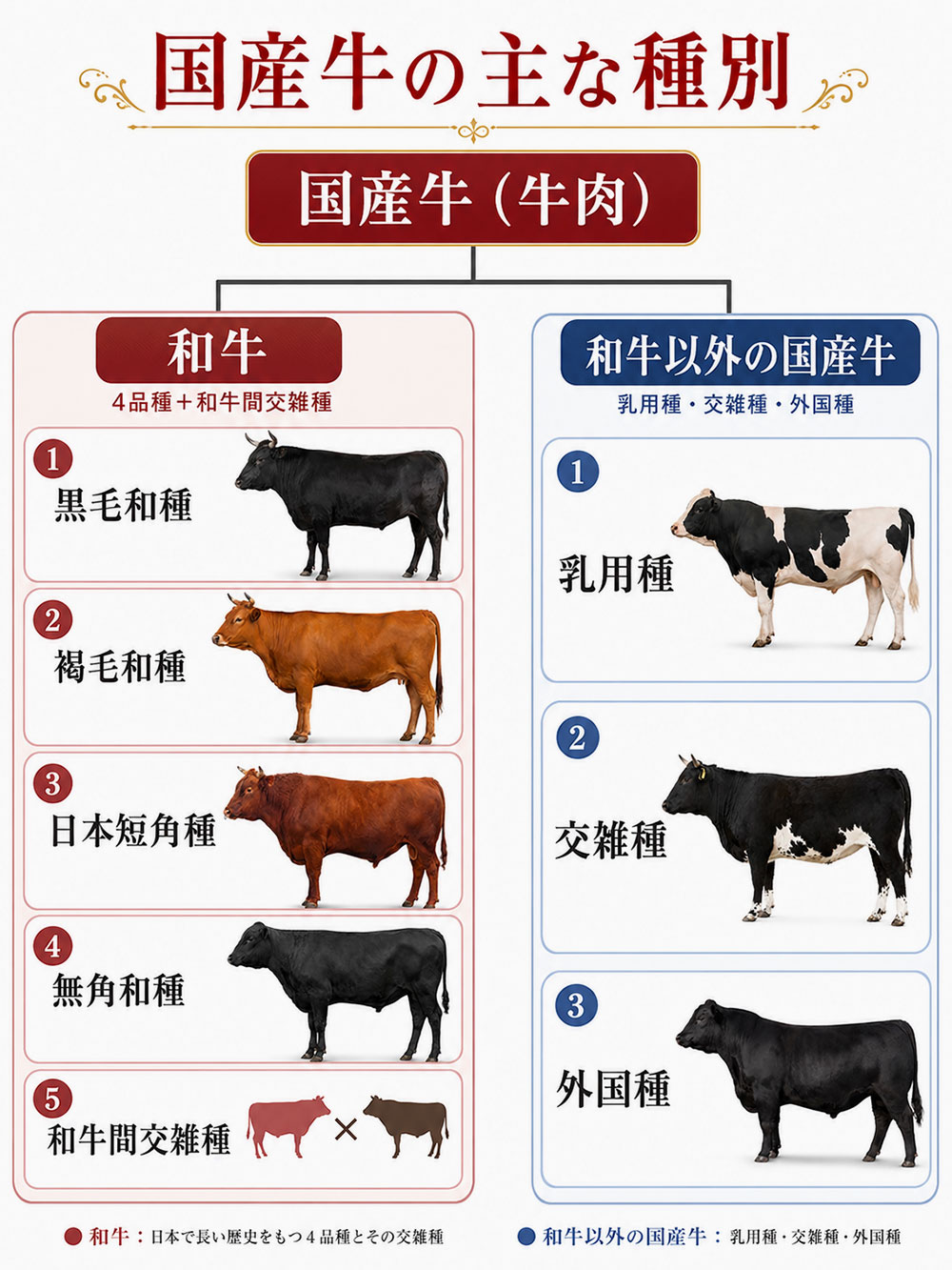 国産牛には乳用種や交雑種、外国種なども含まれる