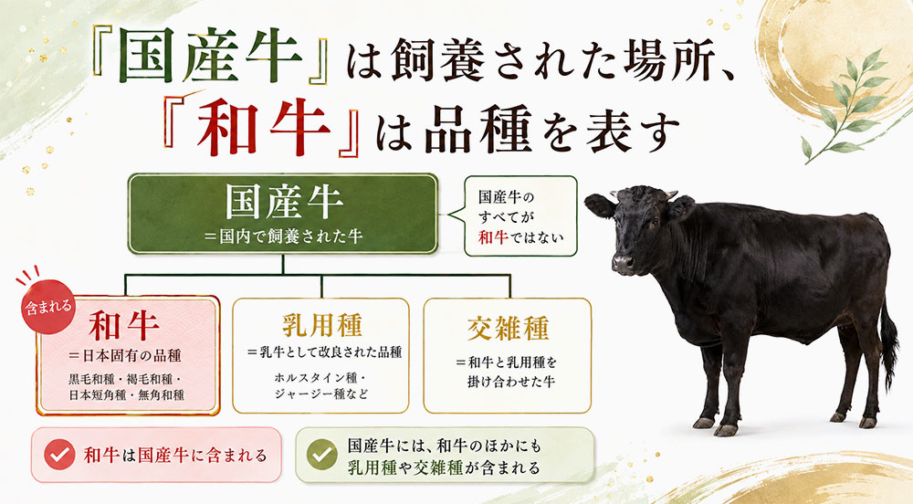 「国産牛」は飼養された場所、「和牛」は品種を表す