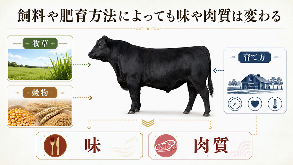 飼料や肥育方法によっても味や肉質は変わる