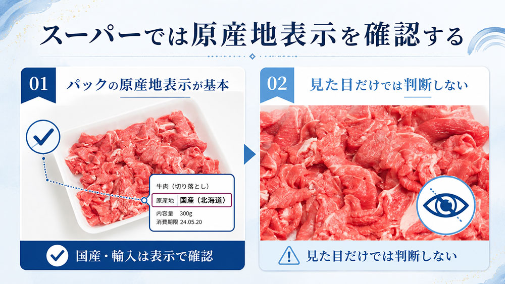 スーパーでは原産地表示を確認する