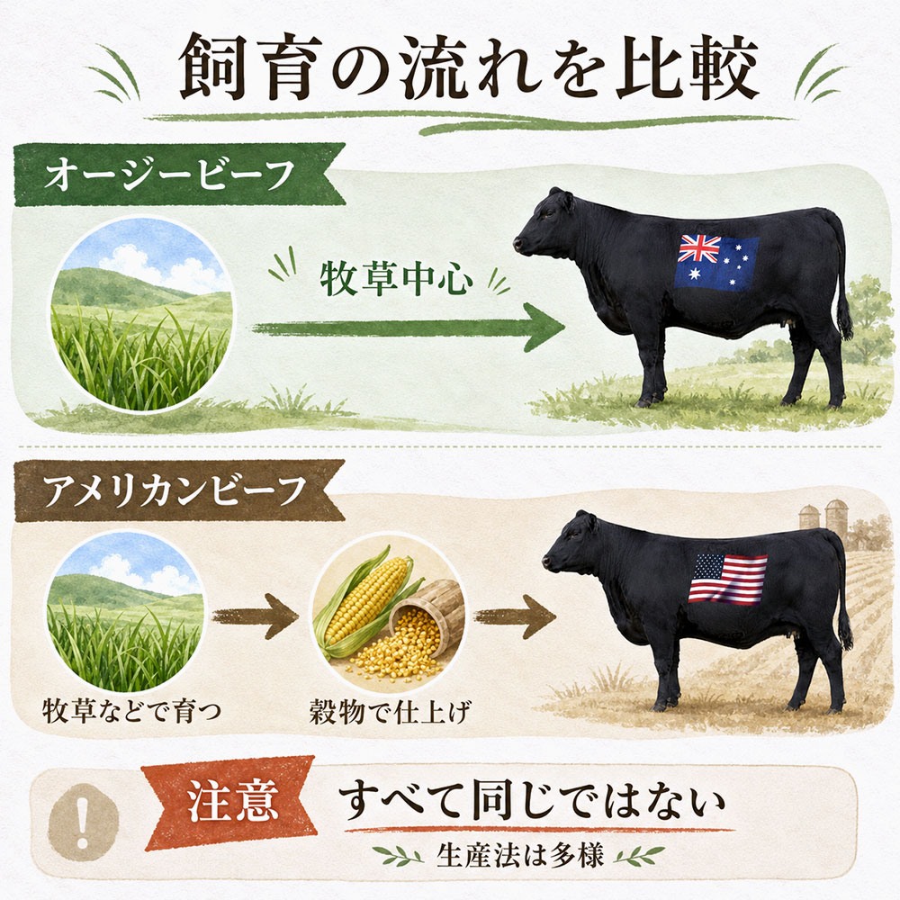 オージービーフとアメリカンビーフは飼育方法・飼料が違う