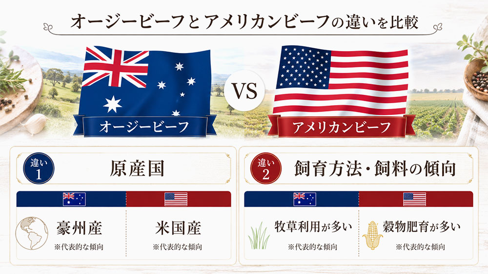 オージービーフとアメリカンビーフの違いを一覧で比較