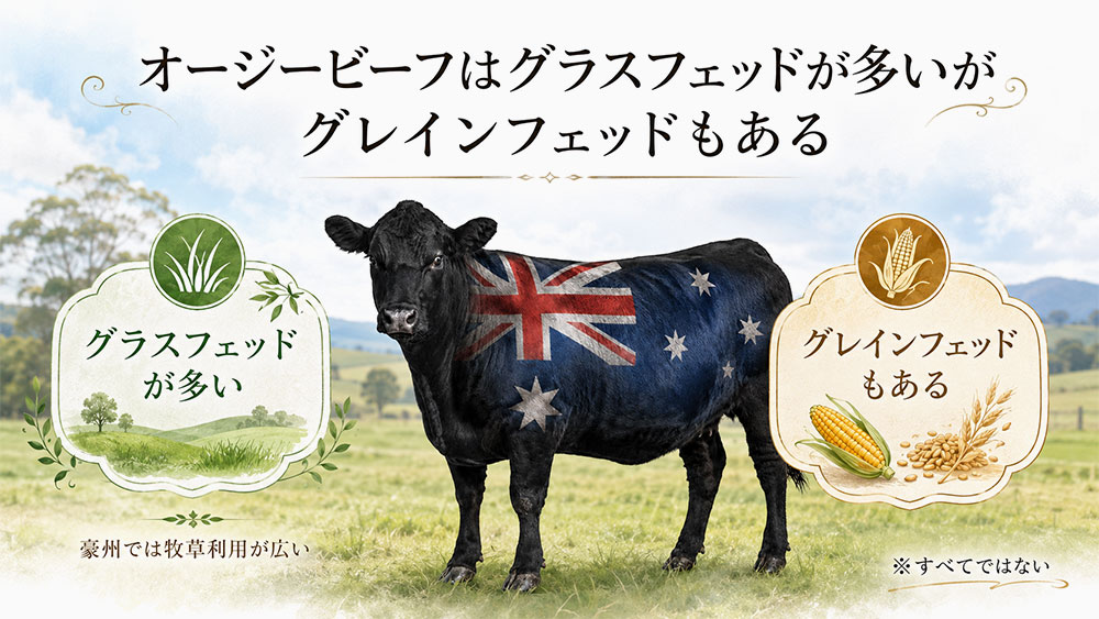 オージービーフはグラスフェッドが多いがグレインフェッドもある