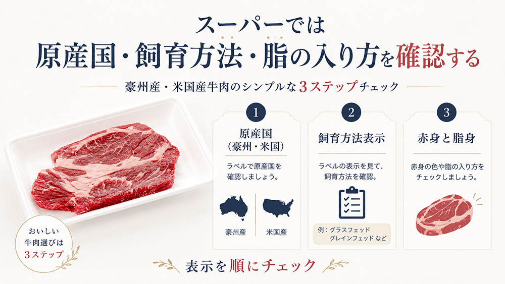 スーパーでは原産国・飼育方法・脂の入り方を確認する