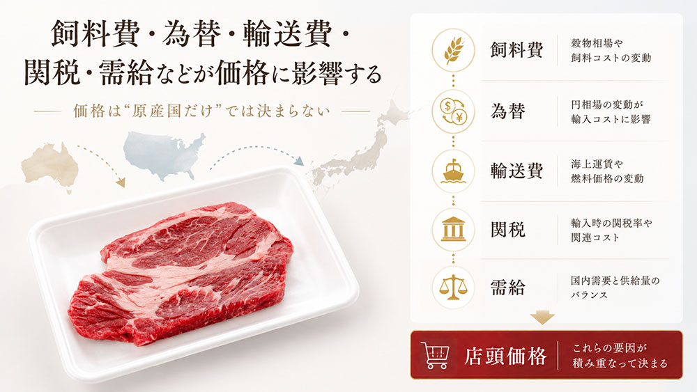 飼料費・為替・輸送費・関税・需給などが価格に影響する