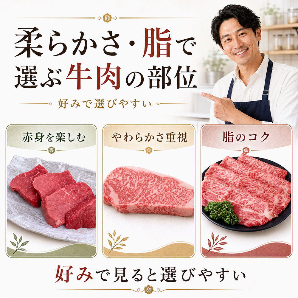 柔らかさ・脂の量で牛肉の部位を選ぶ