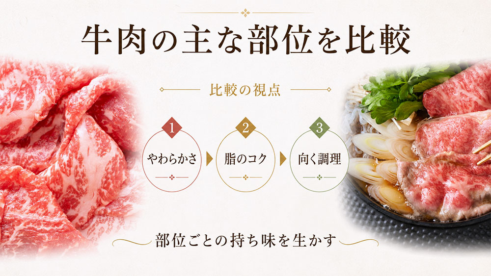 牛肉の主な部位を一覧で比較