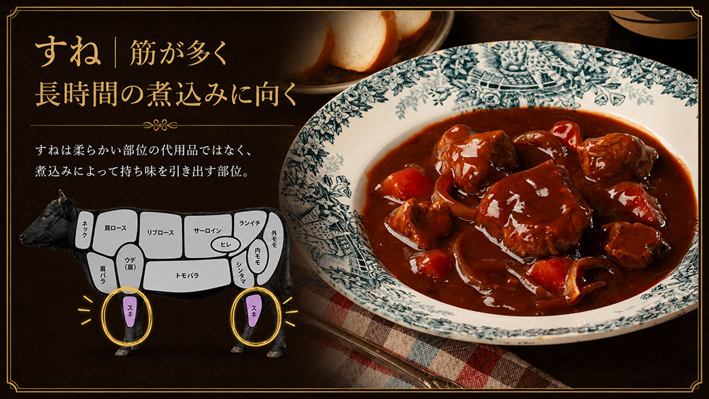すね｜筋が多く長時間の煮込みに向く