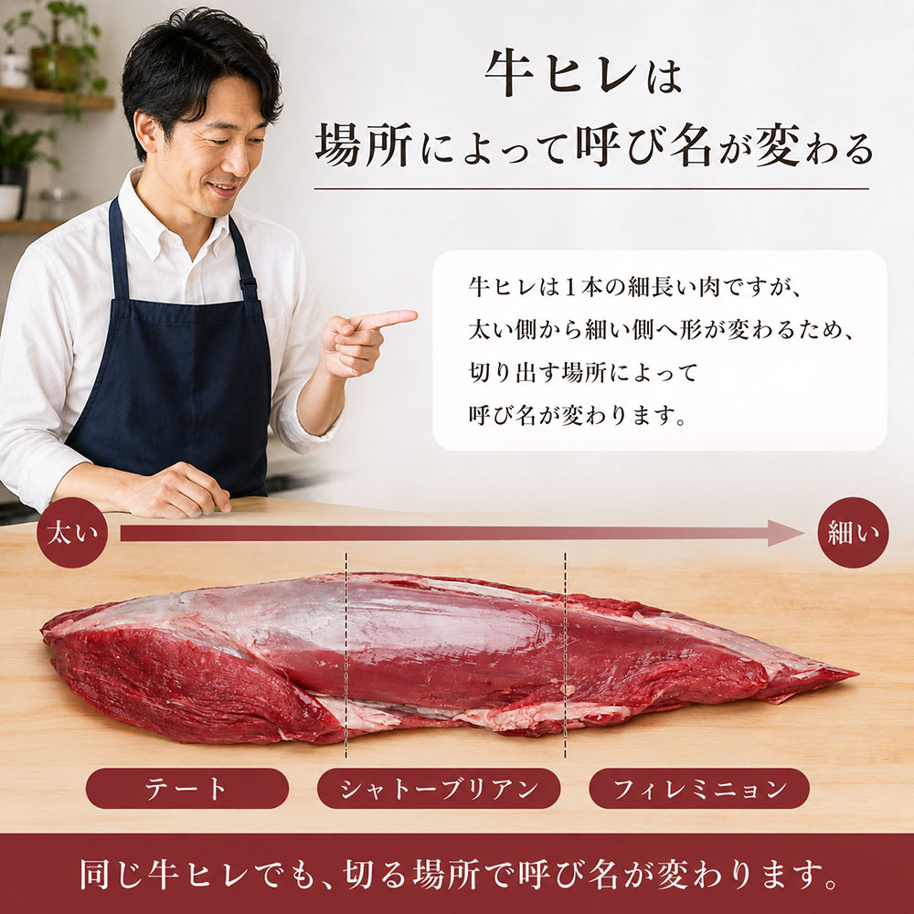 牛ヒレは場所によって太さや呼び名が変わる