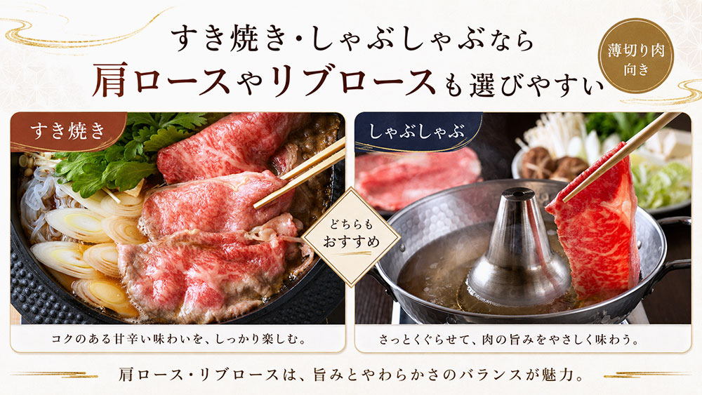 すき焼き・しゃぶしゃぶなら肩ロースやリブロースも選びやすい
