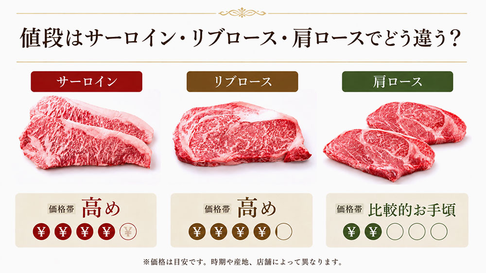 値段はサーロイン・リブロース・肩ロースでどう違う?