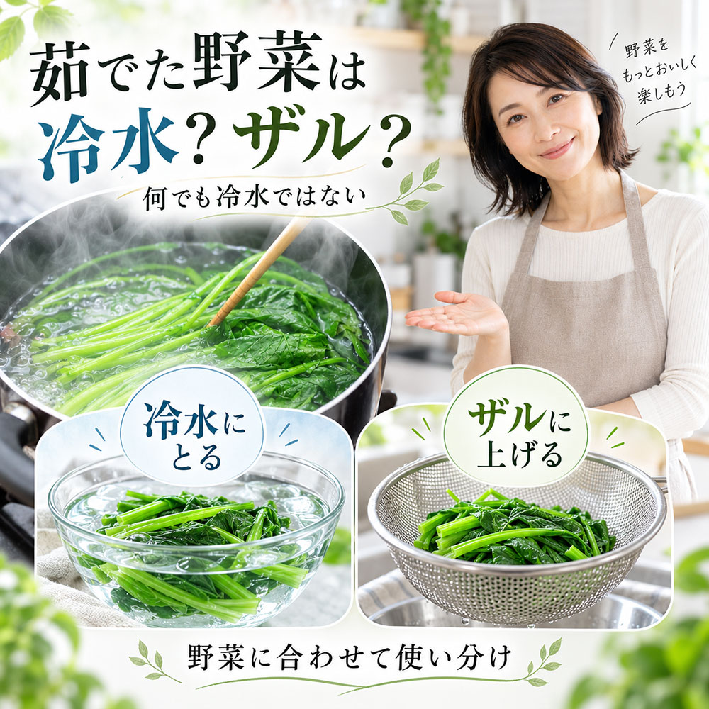 茹でた野菜は冷水にとる?ザルに上げる?