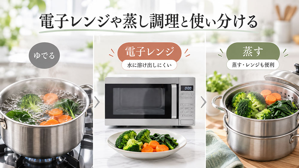 電子レンジや蒸し調理と使い分ける