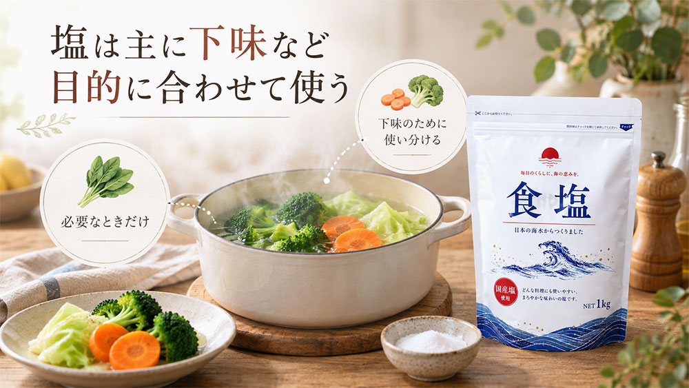 塩は主に下味など目的に合わせて使う