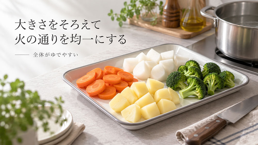 大きさをそろえて火の通りを均一にする