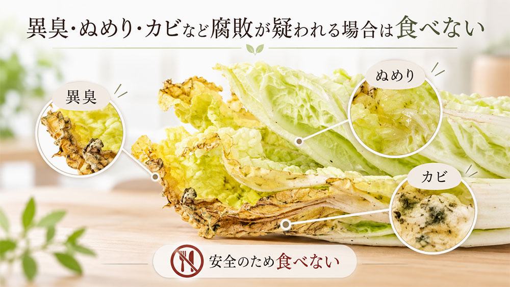 異臭・ぬめり・カビなど腐敗が疑われる場合は食べない
