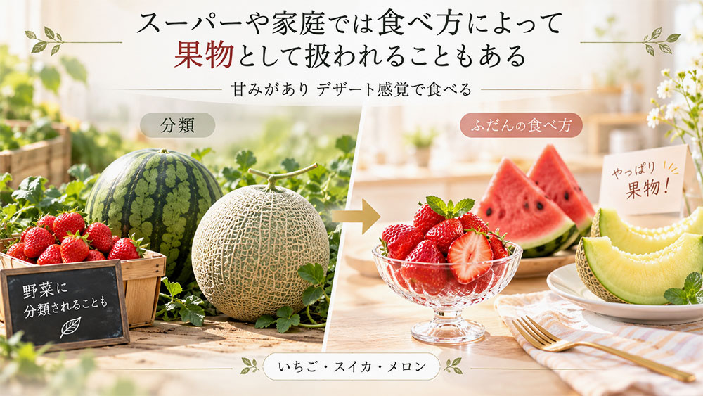 スーパーや家庭では食べ方によって果物として扱われることもある