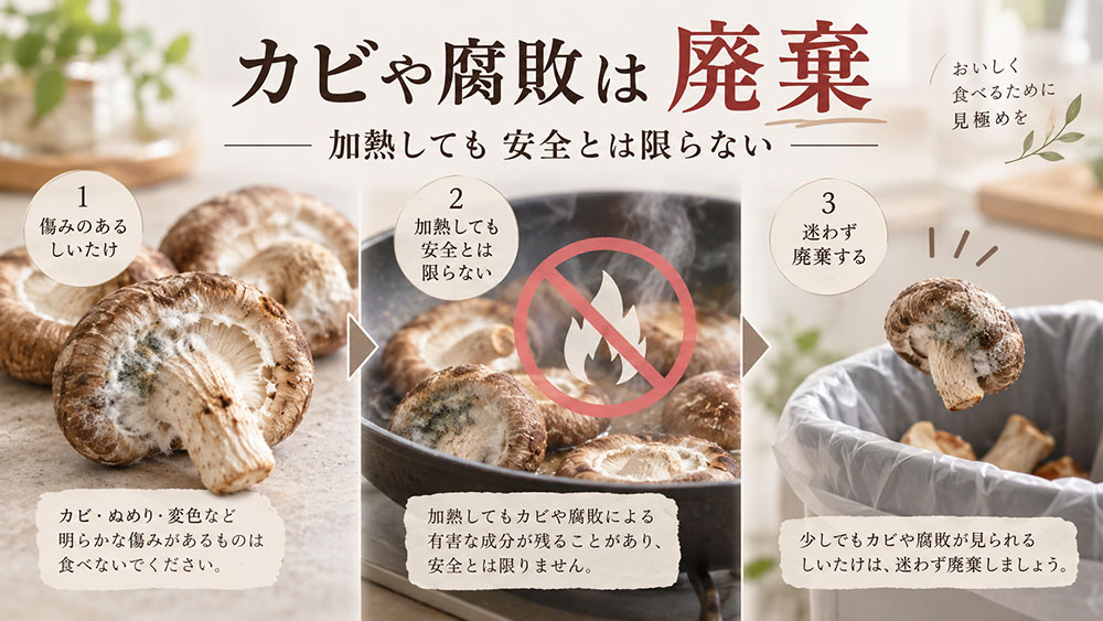 傷んだ椎茸は、しっかり加熱すれば必ず安全になるわけではありません。