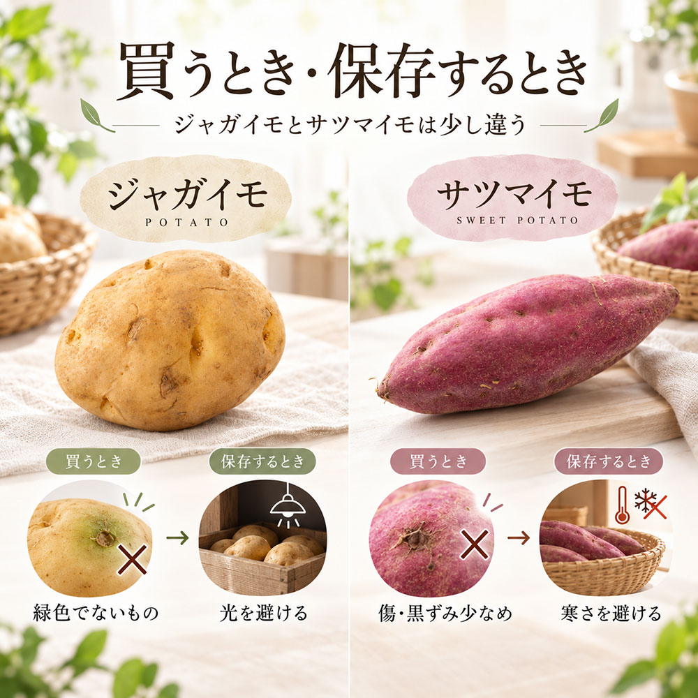 ジャガイモとサツマイモの選び方・保存方法の違い