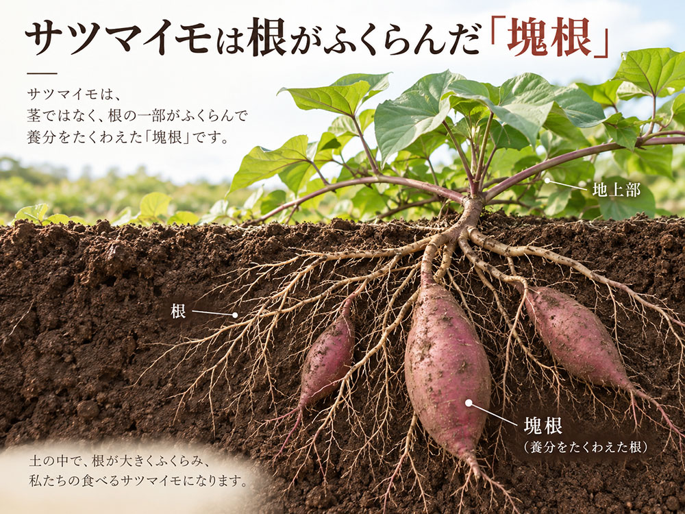 サツマイモは根がふくらんだ「塊根」