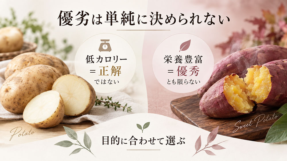 「カロリーが低いからジャガイモのほうがよい」「サツマイモのほうが栄養が優れている」と単純に決められるものではありません。