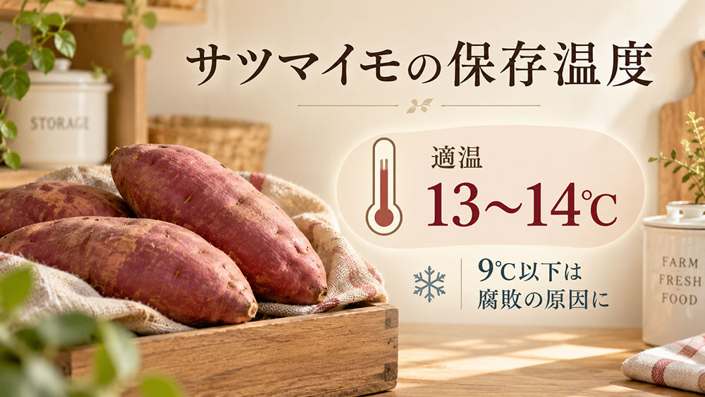 サツマイモは保存の適温を13~14℃とし、9℃以下の低温に長く置くと腐敗につながる