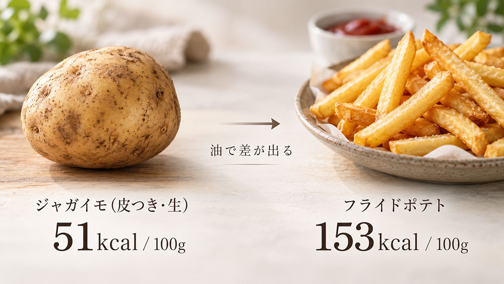 ジャガイモの皮つき・生は100gあたり51kcalですが、油で揚げたフライドポテトでは100gあたり153kcalになります。