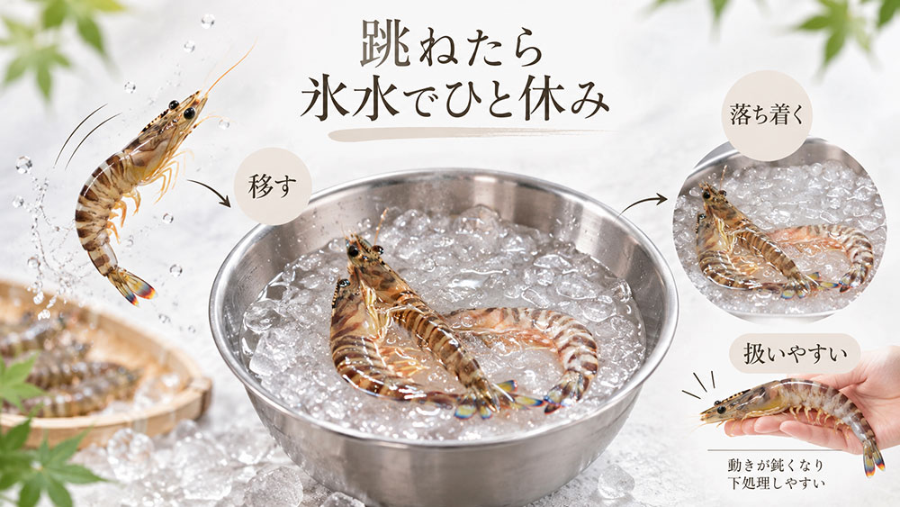 車海老が跳ねるときは氷水で動きを落ち着かせる