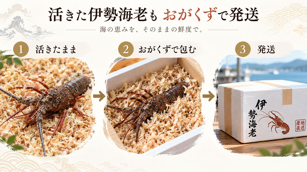 活きた伊勢海老でも、おがくずなどで包んで発送する方法が使われています。