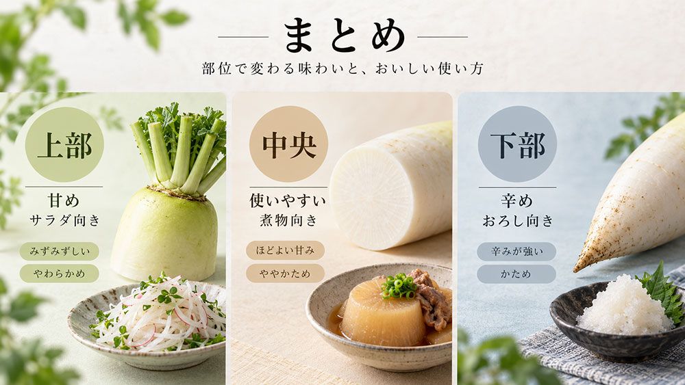 大根の部位ごとの特徴を知れば料理選びでもう迷わない：まとめ