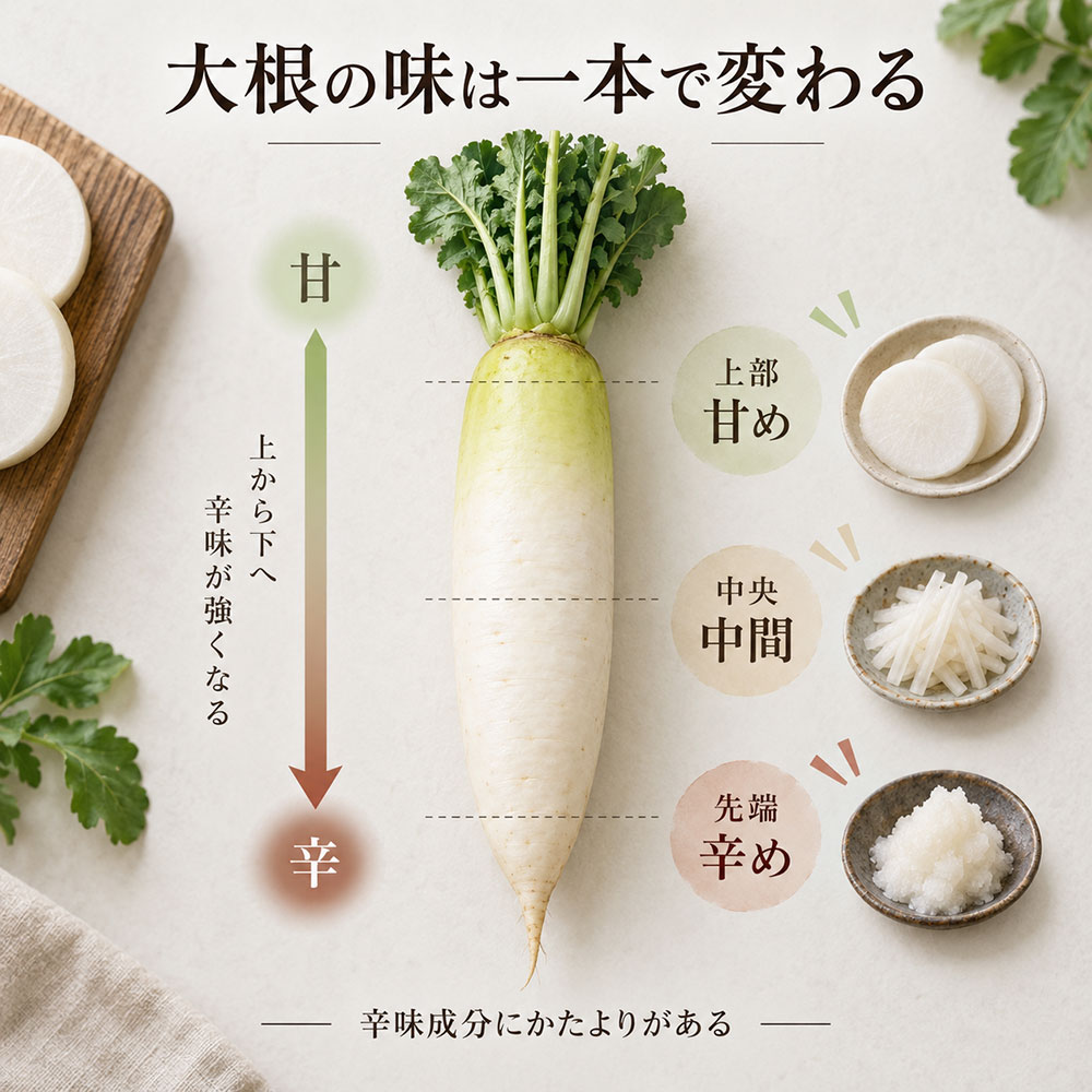 大根はなぜ上が甘く下が辛い？部位で味が変わる理由