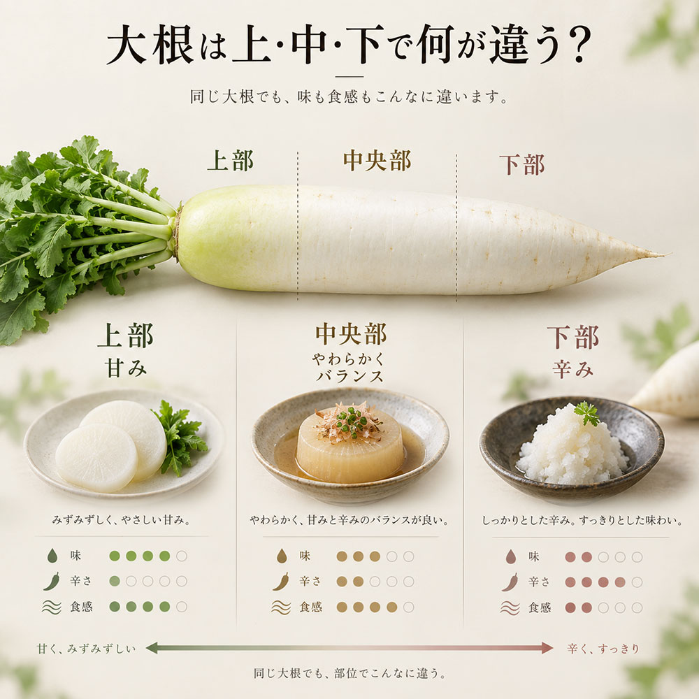 大根は上・中・下で何が違う？味・辛さ・食感を部位別に比較