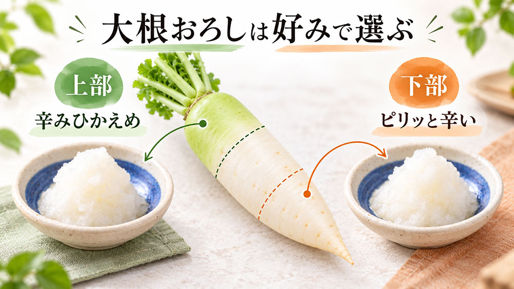大根おろしは好みで選ぶ｜マイルドなら上部・辛口なら下部