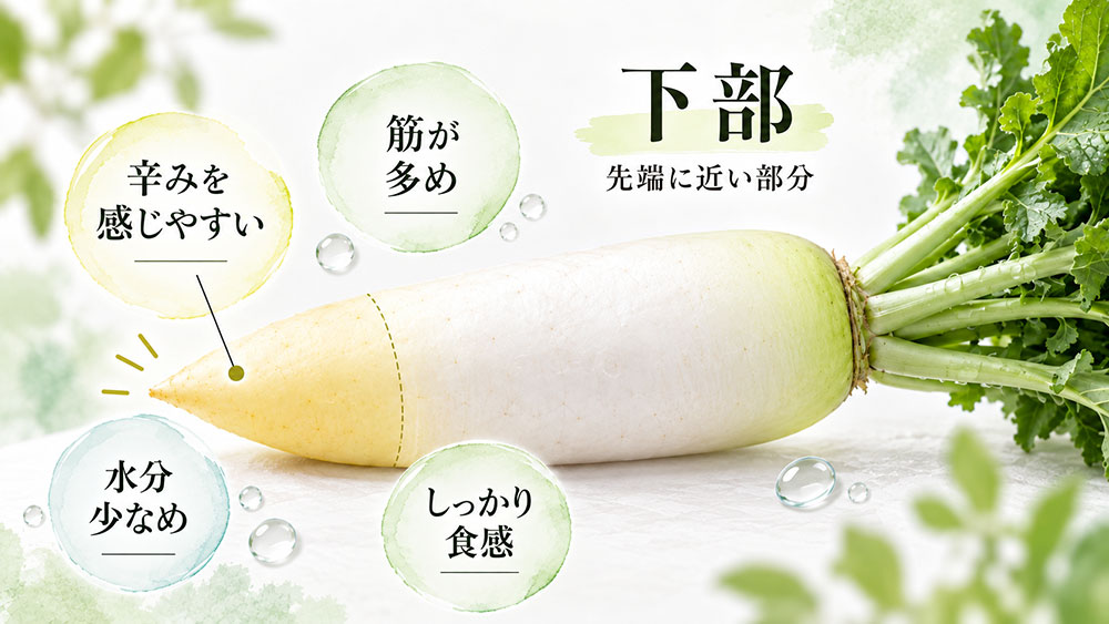 下部（先端）は辛みが強い｜水分が少なく筋が多め