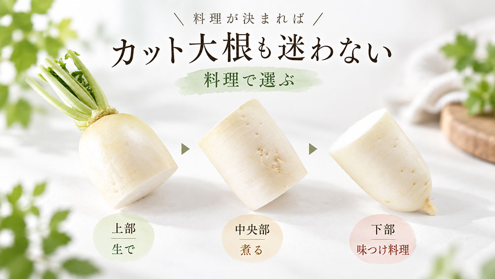 スーパーで半分や3分の1にカットされた大根を選ぶ場合も、作る料理が決まっていれば選び方は難しくありません。