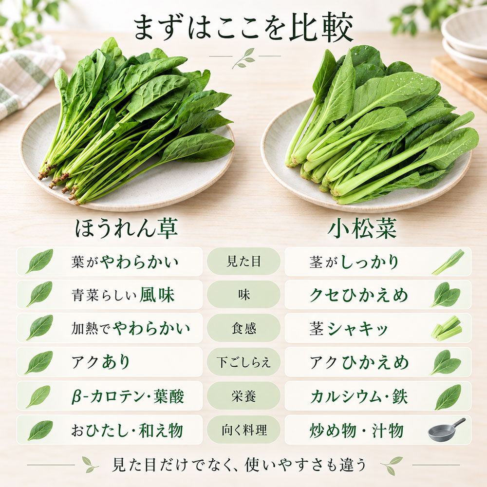 ほうれん草と小松菜の違いをまず比較【早わかり表】