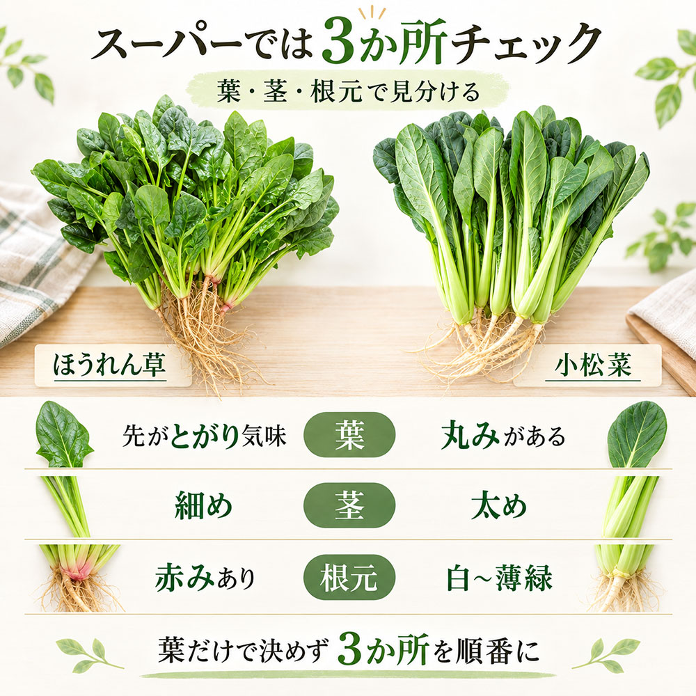 スーパーで迷わない!ほうれん草と小松菜の見た目・見分け方の違い
